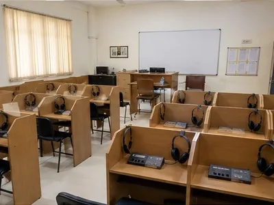 Language laboratory — listening stations and audio equipment